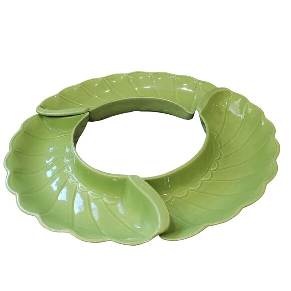MCM Sylvan Ceramics Green Relish Tray Dip Divided 3 Piece Set USA No 370 Vintage - Picture 2 of 6